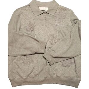 Vtg Alfred Dunner XL Collar Long Sleeve Gray Patchwork Floral  Sweater